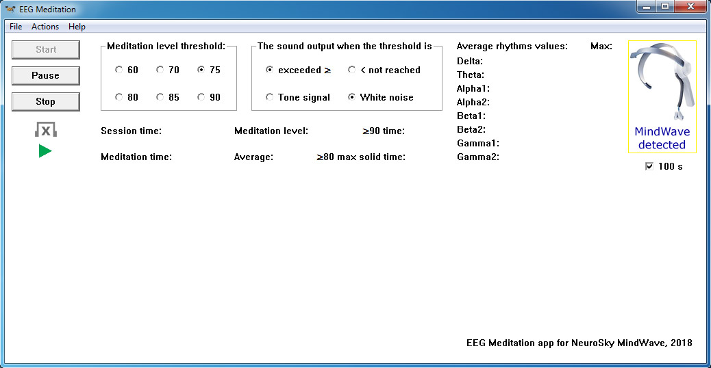 An example of the screen of the "EEG Meditation" application for Windows when a NeuroSky MindWave neuro headset is detected.